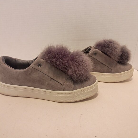 SAM EDELMAN Leya Sz 7.5US/37.5EU Gray Suede Faux Fur Pompoms Stringless Sneaker - Picture 6 of 12